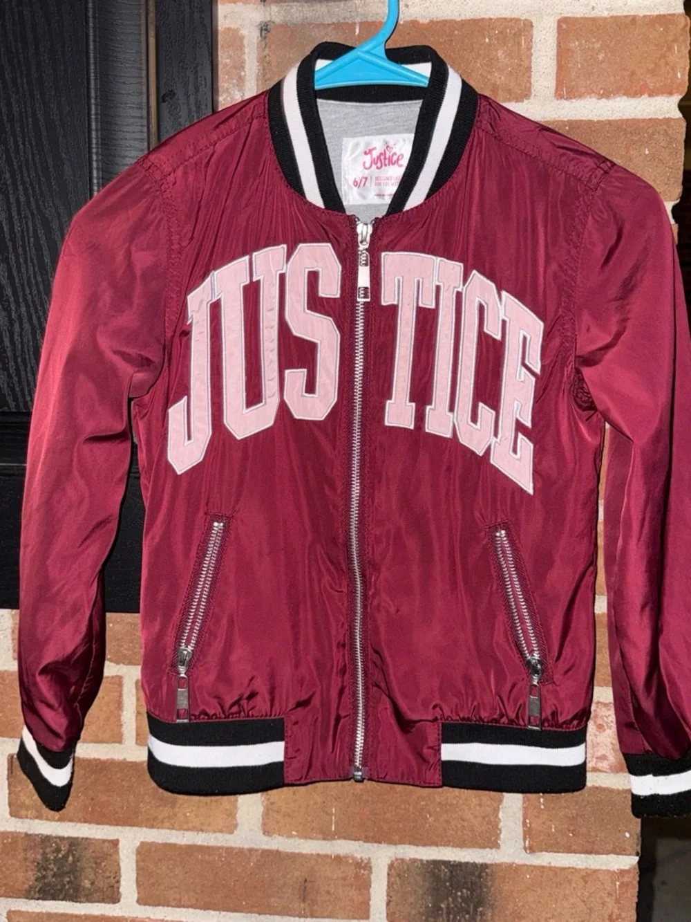 Justice Maroon Bomber Jacket with Pink Lettering